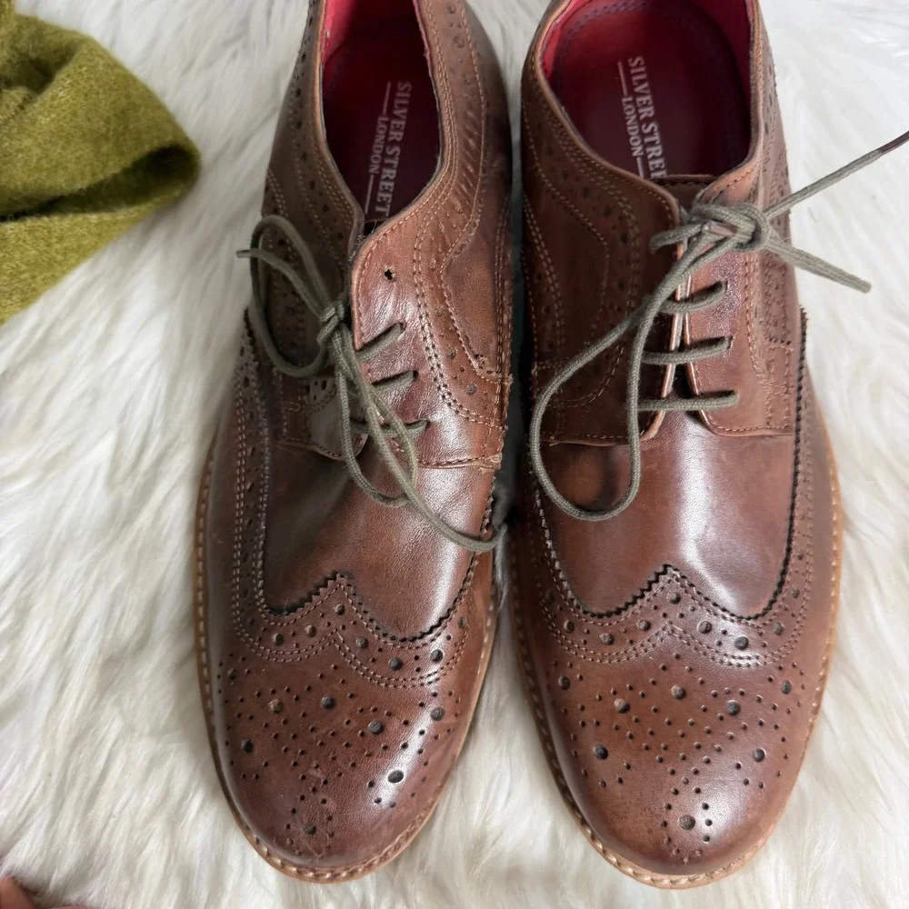 Silver Street London Mens Tan Brown Leather Wingtip Brogue Dress Shoes Size 9‎